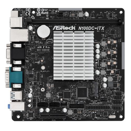 Asrock N100DC-ITX, Integrated Intel Quad-Core N100, Mini ITX, 1 DDR4, VGA, HDMI, DC Jack, Fanless Design, 1x M.2-0