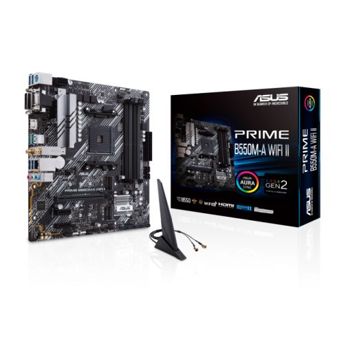 Asus PRIME B550M-A WIFI II, AMD B550, AM4, Micro ATX, 4 DDR4, VGA, DVI, HDMI, Wi-Fi, PCIe4, 2x M.2-3