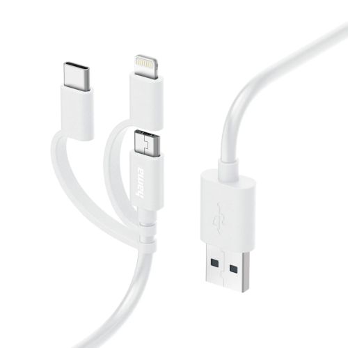 Hama 3-in-1 Multi Charging Cable - USB-A to USB-C/Micro USB/Lightning, Quick Charge, 1 Metre, White-0