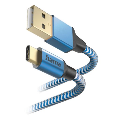 Hama Reflective USB-A to USB-C Quick Charging Cable, USB 2.0, Nylon Sheath, Gold-Plated, 1.5 Metre, Blue-0