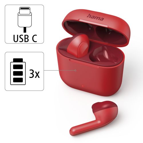 Hama (Freedom Light) Bluetooth Earbuds with Microphone, Touch Control, Voice Control, Charging/Carry Case Included, Red-5