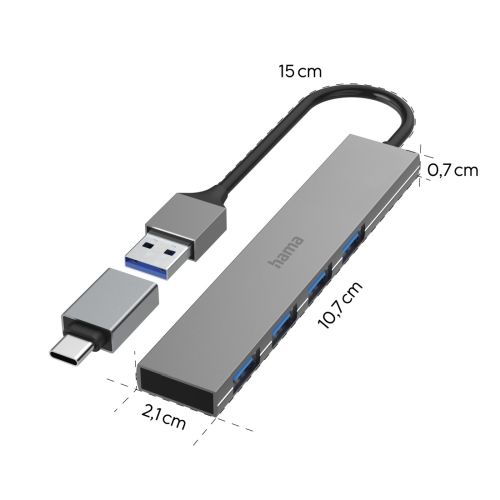 Hama Ultra-Slim External 4 Port 3.2 Gen1 Hub, 4x USB-A, USB Powered, USB-C Adapter-2