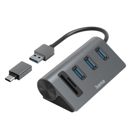 Hama External USB 3.2 Gen1 Hub/Card Reader, 3x USB-A, SD, microSD, USB Powered, USB-C Adapter-0