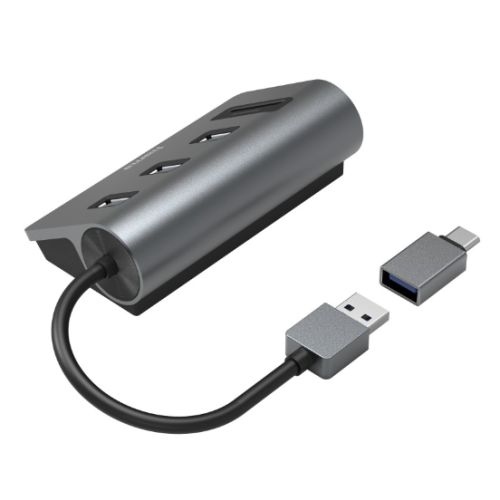 Hama External USB 3.2 Gen1 Hub/Card Reader, 3x USB-A, SD, microSD, USB Powered, USB-C Adapter-1