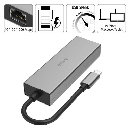 Hama 3-Port USB-C 3.2 Gen1 Hub w/ LAN, 2x USB-A, 1x USB-C, 1x GB LAN, USB Powered-2