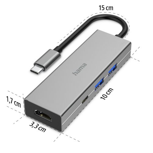 Hama 4-Port USB-C 3.2 Gen1 Hub w/ HDMI, 2x USB-A, 1x USB-C, 1x HDMI, Aluminium-1