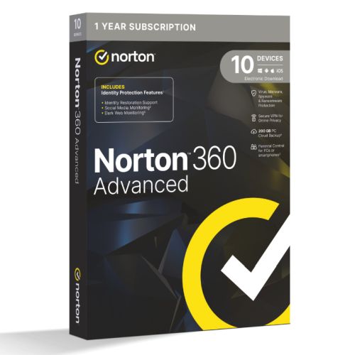 Norton 360 Advanced 1x 10 Device, 1 Year Retail Licence - 200GB Cloud Storage - PC, Mac, iOS & Android *Non-enrolment*-0