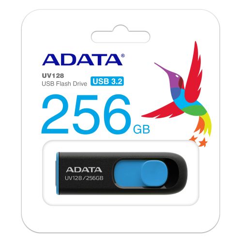 ADATA 256GB UV128 USB 3.0 Memory Pen, Retractable, Capless, Black & Blue-1