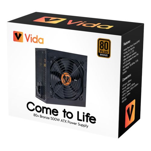 Vida 500W ATX PSU, 80+ Bronze, Fluid Dynamic Ultra-Quiet Fan, PCIe, Flat Black Cables, Power Lead Not Included, Black-4