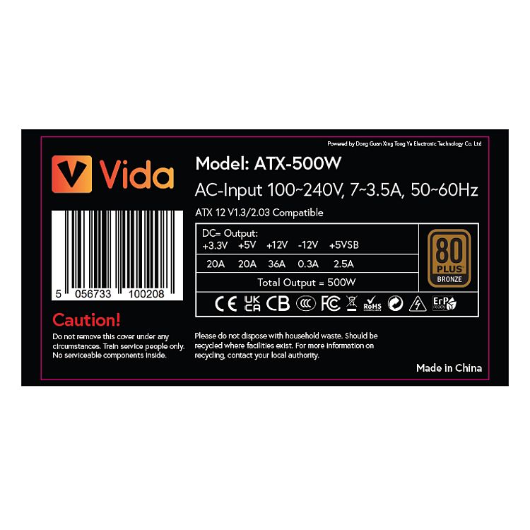 Vida 500W ATX PSU, 80+ Bronze, Fluid Dynamic Ultra-Quiet Fan, PCIe, Flat Black Cables, Power Lead Not Included, Black-5