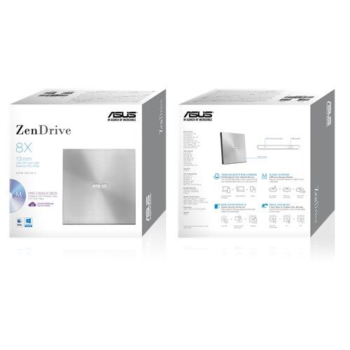 Asus (ZenDrive U7M) External Slimline DVD Re-Writer, USB, 8x, Silver, M-Disc Support, Cyberlink Power2Go 8-3