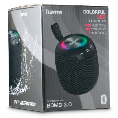 Hama Bomb 3.0 Bluetooth 16W Portable Loudspeaker, 3000mAh Battery, Waterproof IPX7, 3 Equaliser Modes, LED Lighting, Black-4