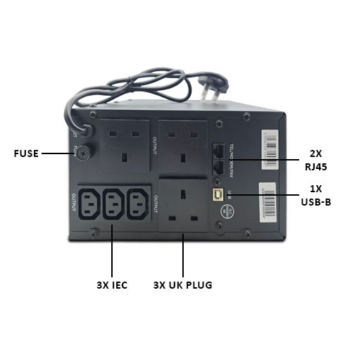 Armour 1000VA UPS, 600W, LCD Display, 3x UK Plug, 2x RJ45, 3x IEC, USB-2