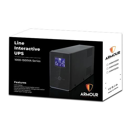 Armour 1000VA UPS, 600W, LCD Display, 3x UK Plug, 2x RJ45, 3x IEC, USB-3