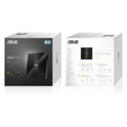 Asus (ZenDrive U9M) External Slimline DVD Re-Writer, USB-A / USB-C, 8x, M-Disc Support, Cyberlink Power2Go 8, Black - X-Case UK T/A ROG