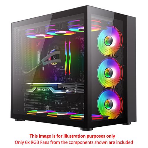 GameMax Infinity Gaming Case w/ Glass Side & Front, ATX, Dual Chamber, 6x Dual-Ring ARGB Fans inc., RF Remote Control, USB-C, Full Black - X-Case UK T/A ROG