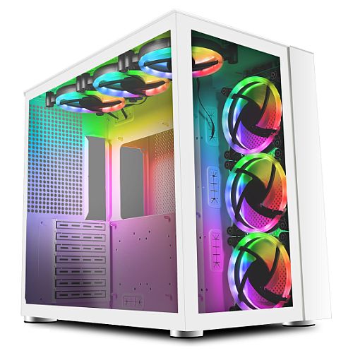 GameMax Infinity Gaming Case w/ Glass Side & Front, ATX, Dual Chamber, 6x Dual-Ring ARGB Fans inc., RF Remote Control, USB-C, Full White - X-Case UK T/A ROG