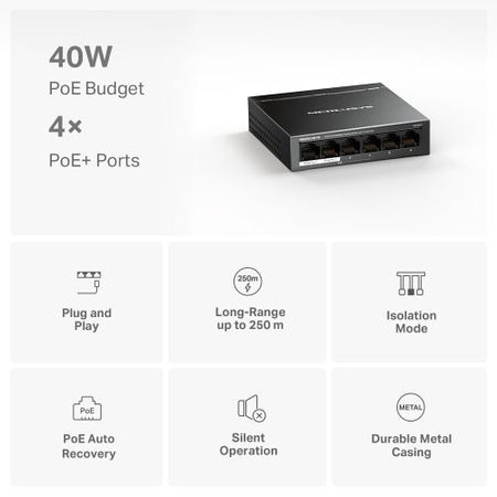 Mercusys (MS106LP) 6-Port 10/100Mbps Desktop Switch with 4-Port PoE+, Metal Case - Rusty Old Gamers