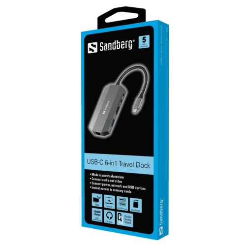Sandberg (136-33) USB-C 6-in-1 Travel Dock - USB-C (up to 100W), HDMI, 2x USB 3.0, RJ45, Headphone, Microphone, SD/Micro SD/TF Card, Aluminium, 5 Year Warranty - X-Case UK T/A ROG