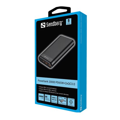 Sandberg 20000 mAh Powerbank, USB-A, QC 3.0, USB-C PD 65W Fast Charge, 5 Year Warranty - X-Case UK T/A ROG