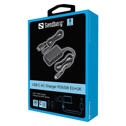 Sandberg USB-C AC Charger PD65W, 5-20V/65W, Overload/Short Circuit Protection, UK & EU Power Cables, 5 Year Warranty - X-Case UK T/A ROG