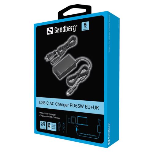 Sandberg USB-C AC Charger PD65W, 5-20V/65W, Overload/Short Circuit Protection, UK & EU Power Cables, 5 Year Warranty - X-Case UK T/A ROG