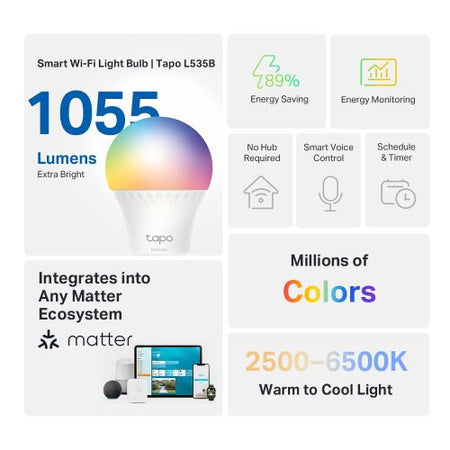 TP-LINK (TAPO L535B) Smart Multicolour Wi-Fi Light Bulb, Extra Bright, Matter-Certified, Dimmable, App/Voice Control, Bayonet Fitting - X-Case UK T/A ROG